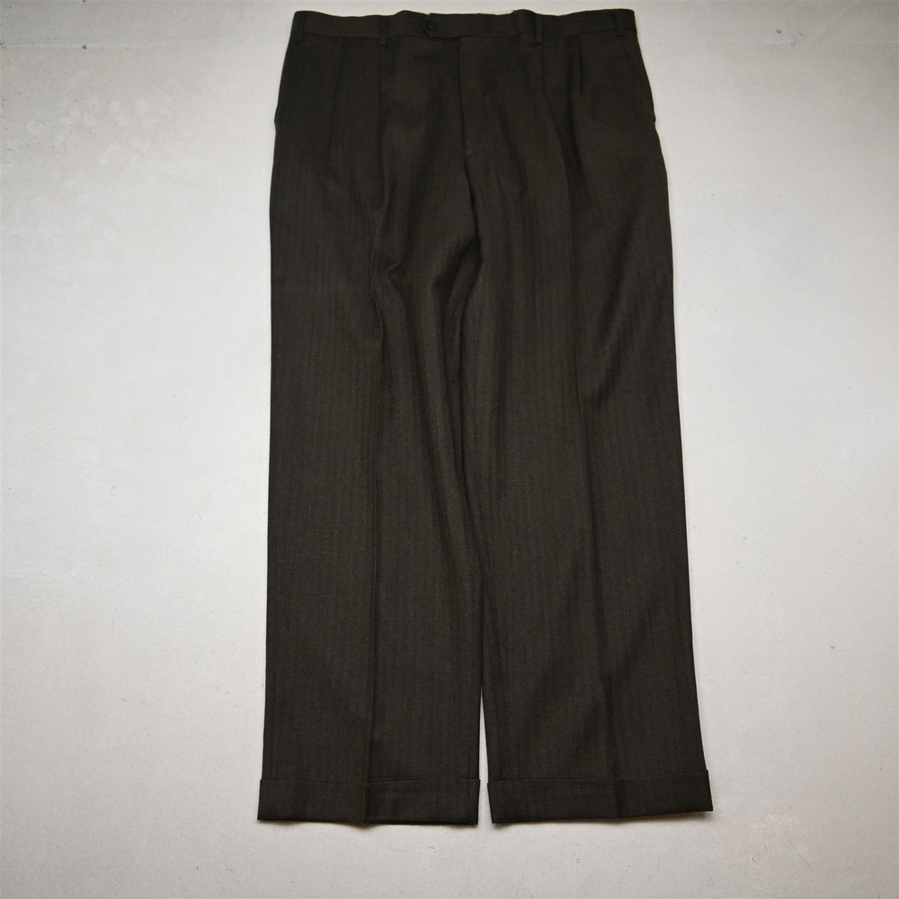 Turnbury 38x30 Brown Herringbone 100% Wool Pleated‎ Cuffed Dress Pants